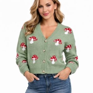 Green Mushroom-Print V-Neck Cardigan Sweater